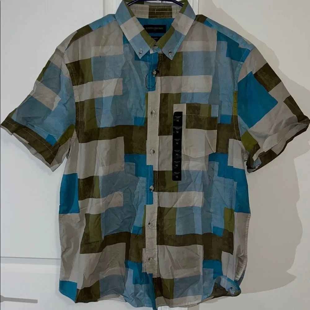 New Banana Republic Blue GRay Brown Patchwork SS button shirt XL slim Cotton